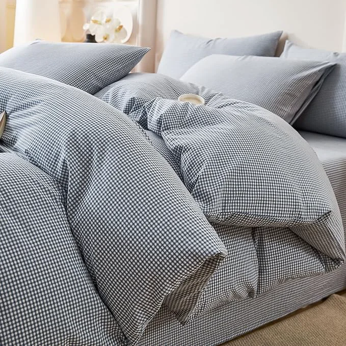 Crafted EAVD Modern Style Gingham Duvet Cover Twin Soft Washed Cotton Blue and White Plaid Duvet Cover Set with 2 Pillowcases Reversible Farmhouse Geometric Checkered Bedding Set with Zipper Original Design