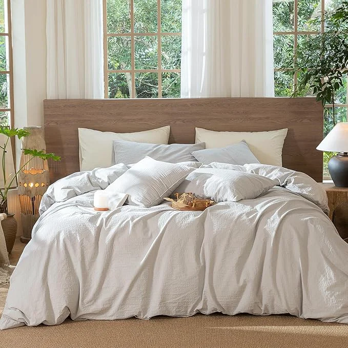Fine MooMee Wavy Striped Duvet Cover Set Washed Cotton Linen Like Textured Breathable Durable Soft Comfy Light Grey Full 80 quot x90 quot Genuine