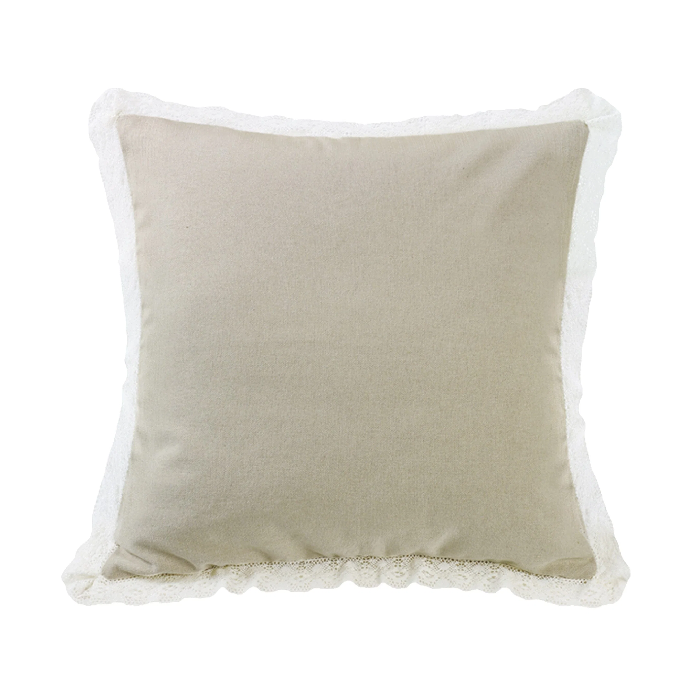 Clean Charlotte Tan Burlap Off-White Lace Trim Square Pillow Traditional