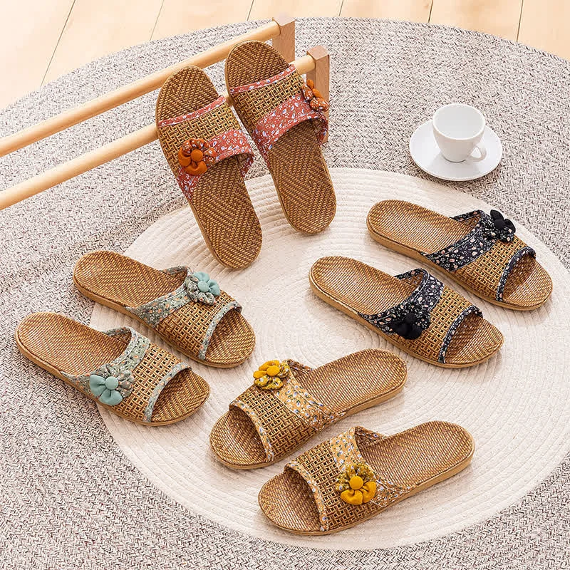 Fashionable Ownkoti Floral Rattan Straw Slides House Slippers Long-Lasting