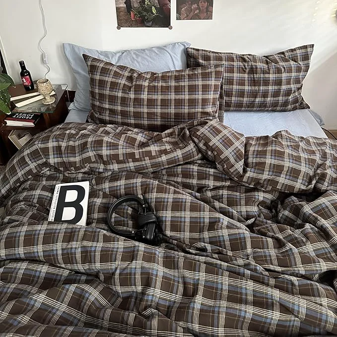 Clean mixinni Vintage Blue amp Brown Buffalo Plaid Comforter Set Twin XL Size – 3-Piece Washed Cotton Soft Geometric Checkered Pattern Bedding Set for All-Seasons Lightweight amp Breathable-Twin XL Size Unique