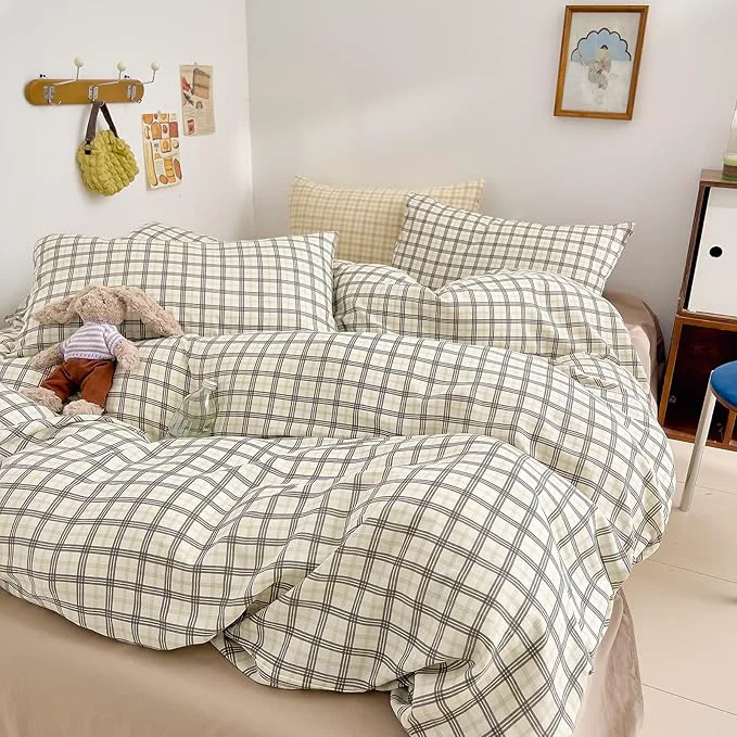 Prestigious EAVD Vintage Style Plaid Gingham Duvet Cover King Soft Washed Cotton Grey amp Green Grid Checkered Bedding Set with 2 Pillowcases Farmhouse Geometric Pattern Duvet Cover with Zipper Closure Official