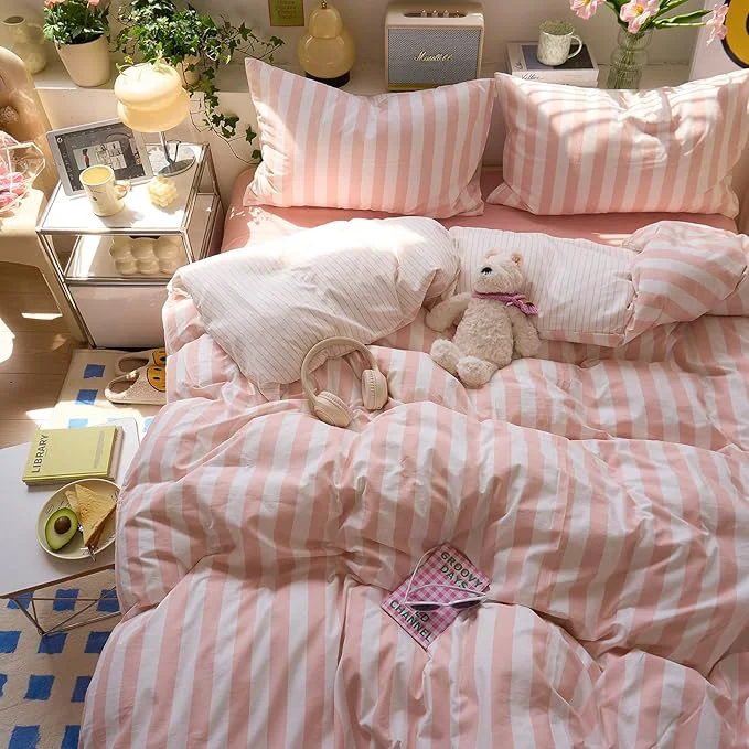 Reliable EAVD Pink Striped Duvet Cover King Soft Washed Microfiber Pink White Vertical Striped Bedding Set with 2 Pillowcases Modern Farmhouse Geometric Pattern Duvet Cover with Zipper Closure Premium