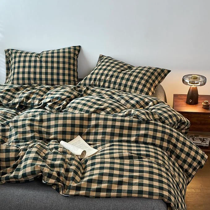 Fashionable EAVD Vintage Style Beige amp Green Plaid Duvet Cover Set King Washed Cotton Like Linen Feel Soft Grid Checkered Bedding Set with 2 Pillowcases Farmhouse Geometric Pattern Duvet Cover with Zipper Premium