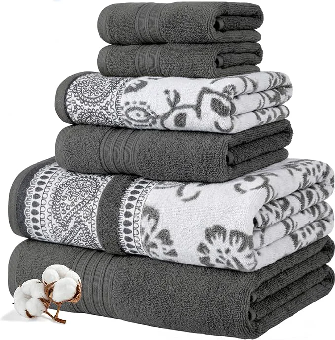 Fine Modern Threads Floral Trail 6-Piece Cotton Towel Set – Reversible Yarn Luxury