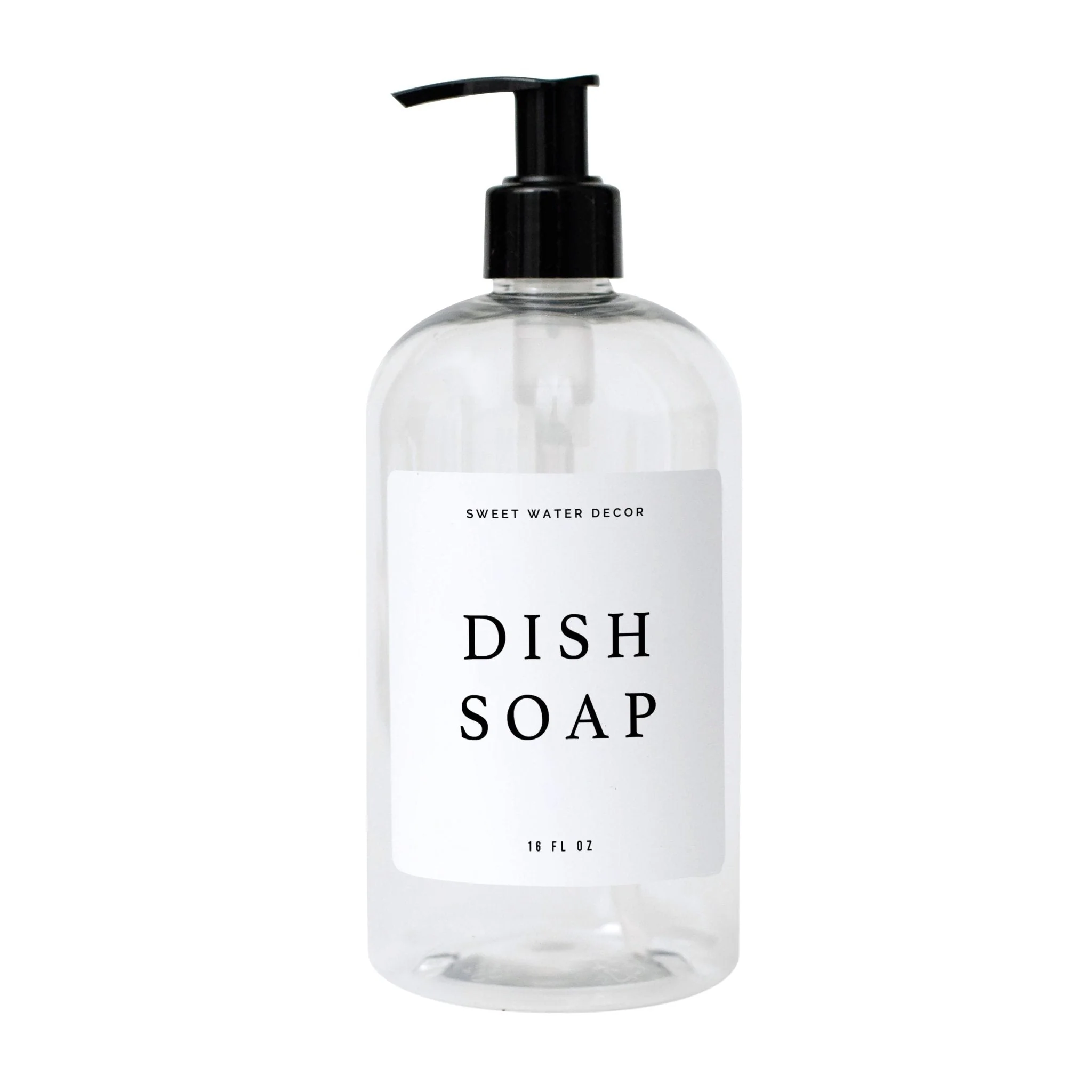 Fine 16oz Clear Plastic Dish Soap Dispenser – White Text Label Refined