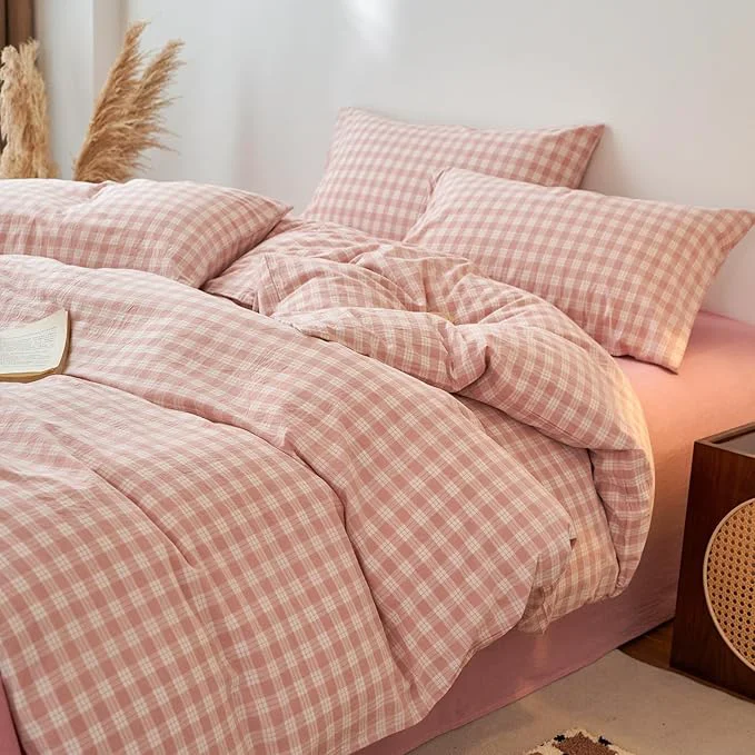 Modern EAVD Vintage Style Gingham Plaid Duvet Cover Queen Pink White Soft Washed Cotton Chic Warm Checkered Bedding Set with 2 Pillowcases Farmhouse Grid Gingham Duvet Cover with Zipper Closure Enhanced