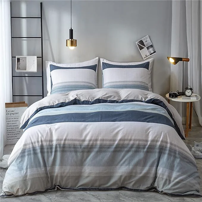 EAVD Cotton Duvet Cover Set Queen White Gray Blue Striped Duvet Cover Modern Geometric Striped Bedding Set for Boys Girls Women Men Blue Striped Queen Duvet Cover with Zipper Closure Refined