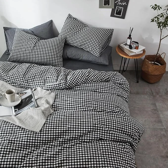 Authentic mixinni Black Gingham Comforter Set King Plaid Comforter Set 3 Pieces 1 Black Grid Comfoter with 2 Pillow Cases for All Seasons Soft Fluffy Modern Grid Pattern Printed Bedding-King Size Organic