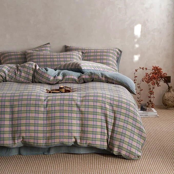 EAVD Vintage Style Pastel Pink Plaid Duvet Cover Set King Soft Cotton Muslin Retro Green amp Purple Grid Plaid Bedding Set with 2 Pillowcases Aesthetic Gingham Duvet Cover with Zipper Closure Solid