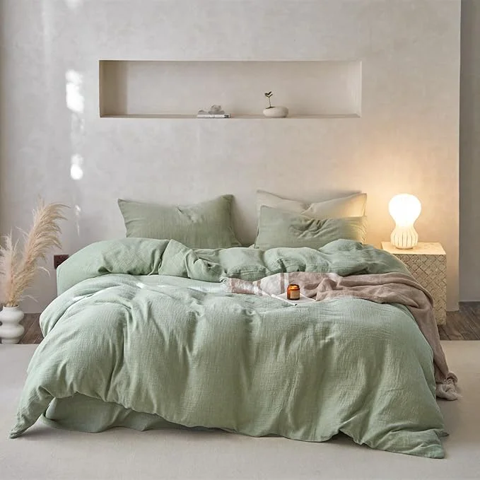 High-Performance EAVD Solid Mint Green Duvet Cover Queen Soft Breathable Cotton Muslin Linen Like Gauze Comforter Cover with 2 Pillowcases Modern Simple Mint Green Comforter Cover with Zipper Closure Enhanced