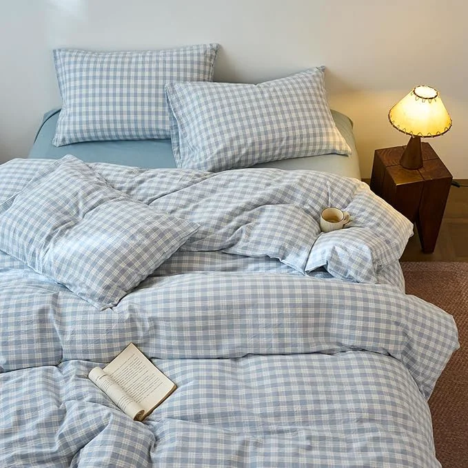 Luxury EAVD Vintage Style Blue amp White Plaid Gingham Duvet Cover King Soft Washed Cotton Chic Grid Checkered Bedding Set with 2 Pillowcases Farmhouse Blue Plaid Duvet Cover with Zipper Closure Official