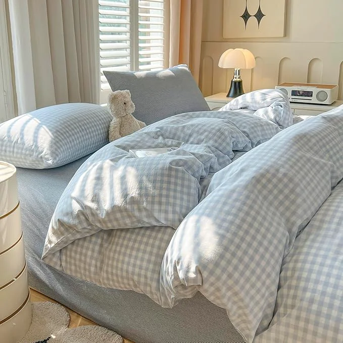 Quality mixinni Light Blue Gingham Comforter Set King – 3 Piece Plaid Bedding Set All-Season Soft Washed Cotton Farmhouse Grid Pattern Includes 1 Comforter amp 2 Pillow Shams for Women Men Classic