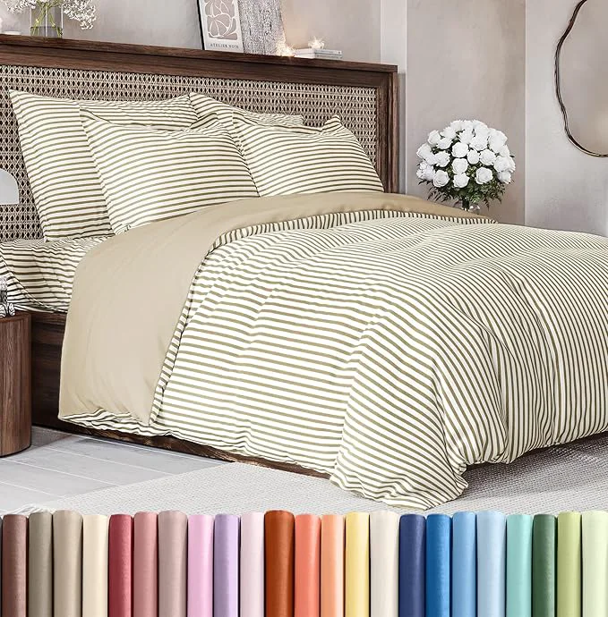 Quality Duvet Cover Full Size Set – Extra Soft Full Duvet Cover 80 quot x 90 quot with 2 Pillow Shams – Hotel Luxury Easy Care amp Fade with Zipper Closures and Ties – Comfy Cozy and Breathable Beige Stripes Durable