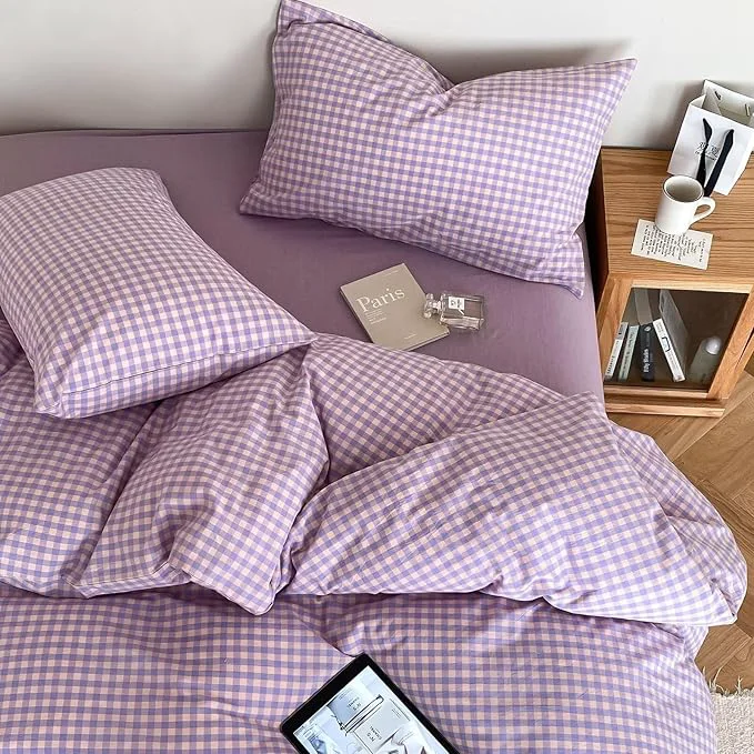 Original mixinni Purple Gingham Comforter Set Queen Plaid Comforter Set 3 Pieces 1 Purple Grid Comfoter with 2 Pillow Cases for All Seasons Soft Fluffy Modern Grid Pattern Printed Bedding-Queen Size World-Class