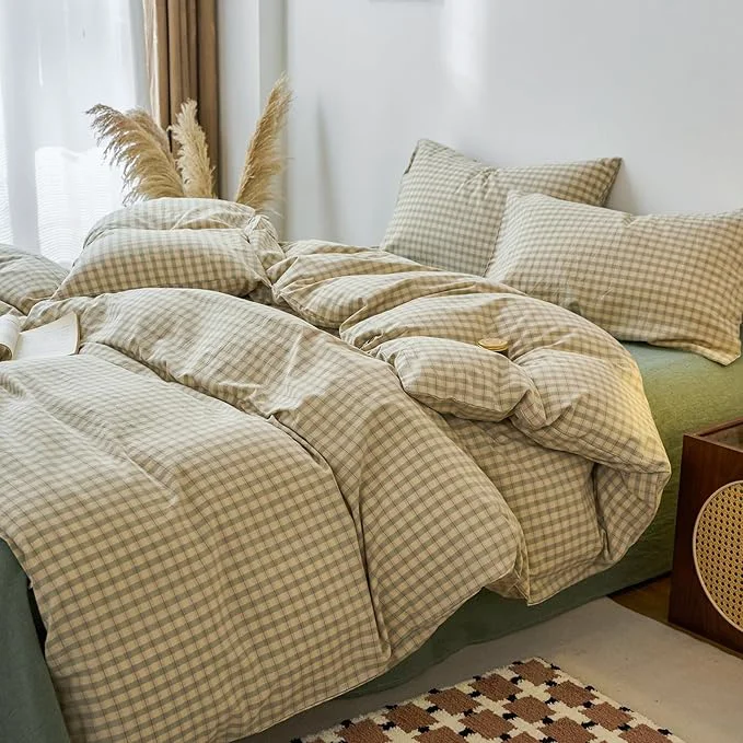 First-Class EAVD Vintage Style Green Plaid Duvet Cover Full Soft Washed Cotton Chic Checkered Gingham Bedding Set with 2 Pillowcases Farmhouse Green Gingham Duvet Cover with Zipper Closure Exclusive