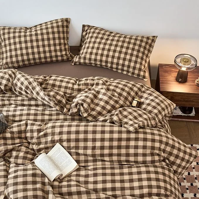 Authentic EAVD Vintage Style Brown amp Beige Plaid Duvet Cover Set Full Soft Washed Cotton Like Linen Feel 3-Piece Checkered Gingham Duvet Cover with 2 Pillowcases Retro Buffalo Plaid Bedding Set with Zipper Contemporary