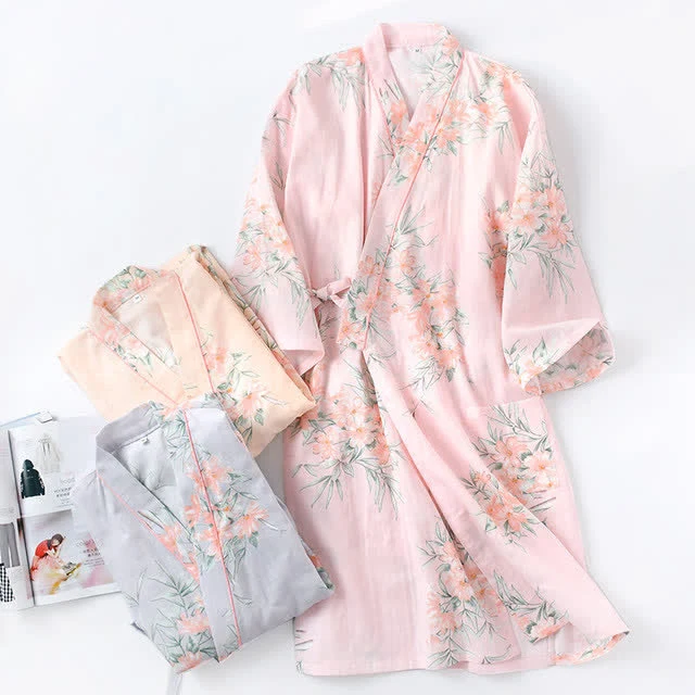 Original Ownkoti Pink Floral Cotton Gauze Kimono Robe Outstanding