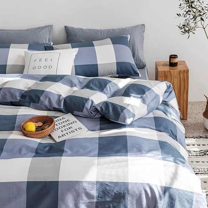 Flexible mixinni Queen Comforter Set Soft Fluffy Modern Style Checkered Pattern Comforter for Boys Mens 1 Blue White Grey Geometric Comforter and 2 Pillowcases All Seasons-Queen Size Original Design