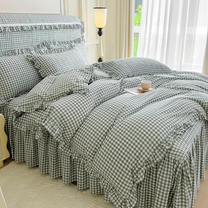 Efficient mixinni Vintage Green Gingham Ruffle Comforter Set 3-Piece Washed Cotton Full Size Grid Bedding Set with Geometric Checkered Pattern Farmhouse Chic Soft Fluffy Comforter for All-Season Breathable