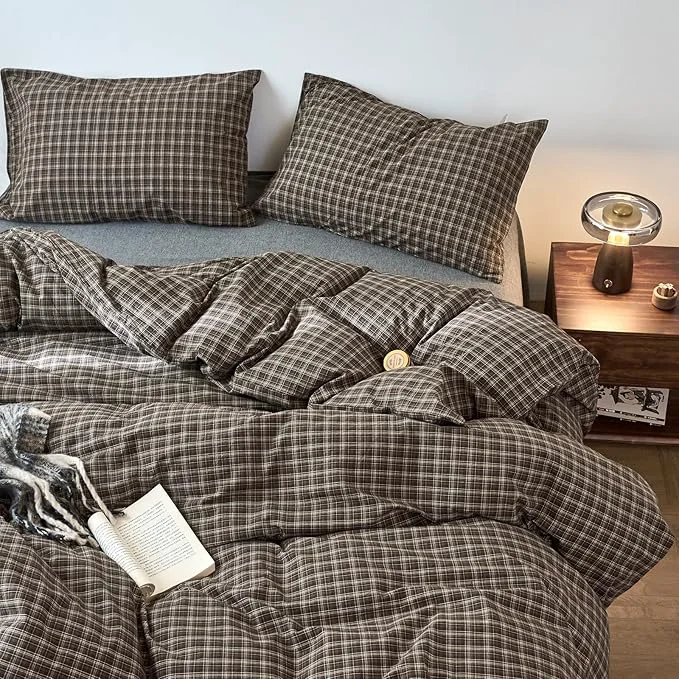 World-Class EAVD Vintage Style Dark Grey Gingham Plaid Duvet Cover Queen Washed Cotton Like Linen Feel Soft 3-Piece Grid Plaid Bedding Set with 2 Pillowcases Reversible Geometric Duvet Cover with Zipper Enhanced