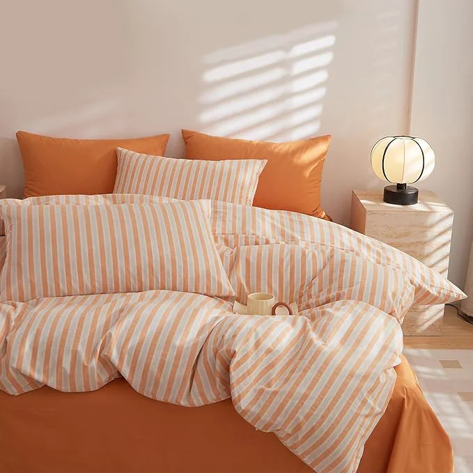 Exclusive EAVD Retro Striped Duvet Cover Queen Soft Washed Cotton 3-Piece Chic White Orange Vertical Striped Bedding Set with 2 Pillowcases Vintage Geometric Pattern Duvet Cover with Zipper Closure Durable