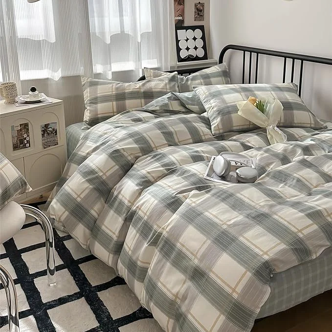 Traditional EAVD Green Plaid Duvet Cover King Soft Cotton 3-Piece Green Checkered Gingham Bedding Set with 2 Pillowcases for Men Boy Modern Reversible Grid Plaid Comforter Cover with Zipper Closure Natural