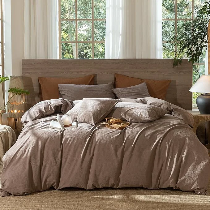 Original MooMee Wavy Striped Duvet Cover Set Washed Cotton Linen Like Textured Breathable Durable Soft Comfy Brown Super King 108 quot x98 quot Unique