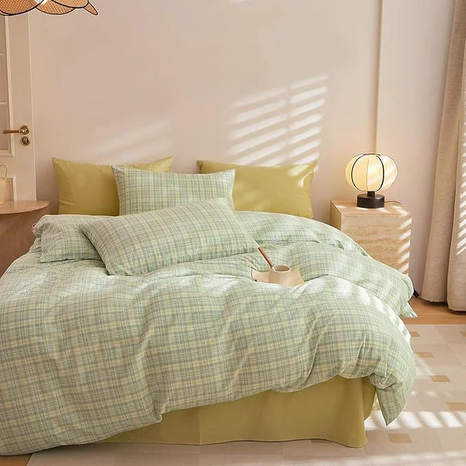 Trusted EAVD Green Gingham Duvet Cover Queen Size Washed Cotton Bedding Set 3 Pieces Multicolor Grid Plaid Duvet Cover with 2 Pillowcases Modern Farmhouse Gingham Bedding Set with Zipper Closure Certified
