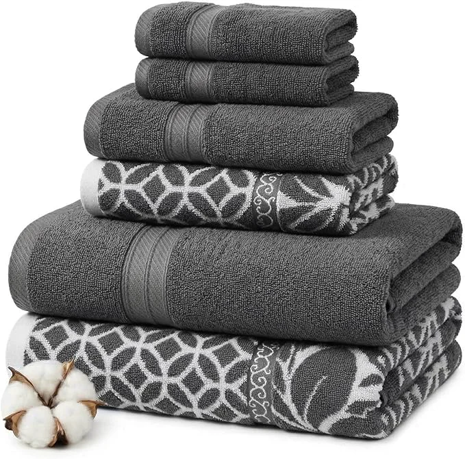 Stylish Modern Threads Botanical Vine 6-Piece Cotton Towel Set – Reversible Yarn Next-Generation