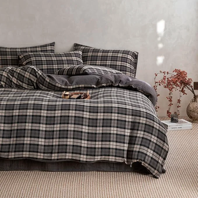 Superior EAVD Vintage Style Dark Grey Plaid Duvet Cover Full Soft Muslin Cotton Modern Grid Checkered Bedding Set with 2 Pillowcases Reversible Gingham Duvet Cover with Zipper Closure Comfortable