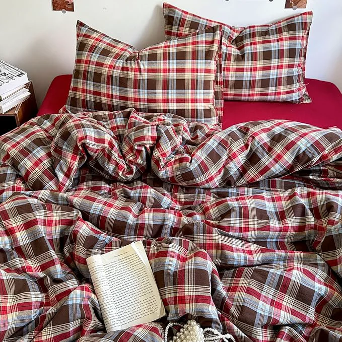 Clean EAVD Vintage Red Brown Buffalo Plaid Duvet Cover Twin Wasehd Cotton Plaid Bedding Set with Grid Checkered Pattern Farmhouse Gingham Duvet Cover with Zipper Closure 2 Pillowcases for All-Season Natural