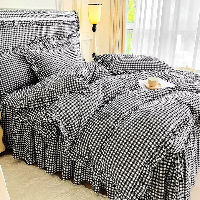 Quality mixinni Vintage Black Gingham Ruffle Comforter Set 3-Piece Washed Cotton Queen Size Grid Bedding Set with Geometric Checkered Pattern Farmhouse Chic Soft Fluffy Comforter for All-Season Luxury