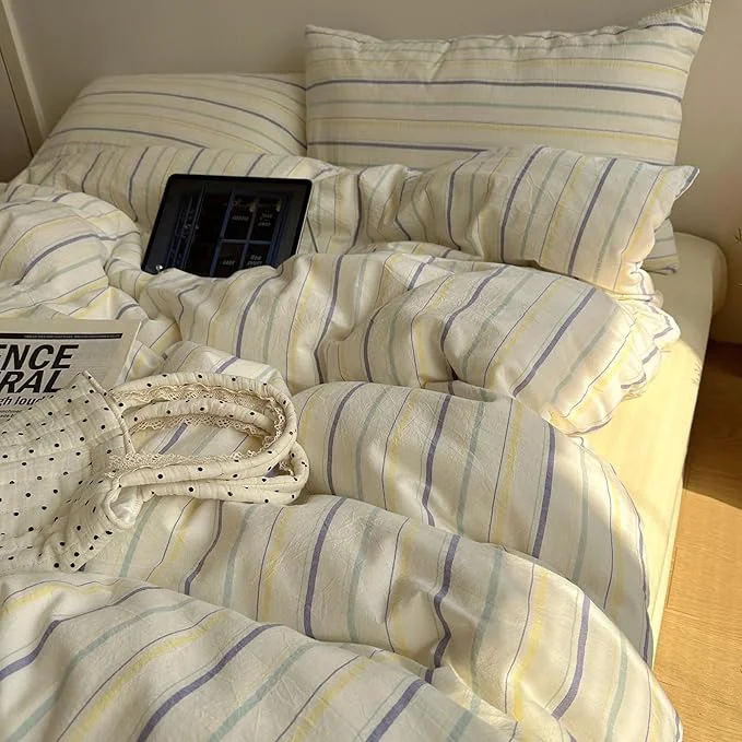 Reliable EAVD Retro Striped Duvet Cover Set King Size Cotton Chic Stripes Printed Bedding Set with 2 Pillowcases Vintage Geometric Pattern Duvet Cover with Zipper Closure Yellow amp Purple amp Blue King Environmentally Friendly