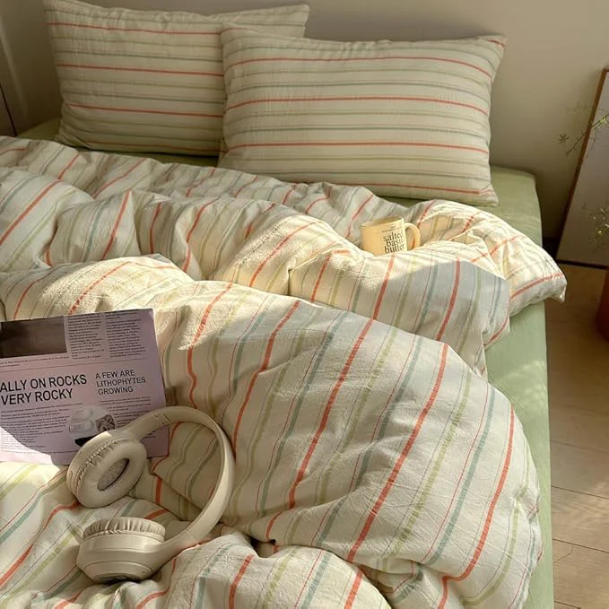 High-Quality EAVD Retro Striped Duvet Cover Set Queen Size Cotton Vintage 3-Pieces Stripes Bedding Set with 2 Pillowcases Farmhouse Geometric Comforter Cover with Zipper Closure Orange amp Blue amp Green Queen Innovative