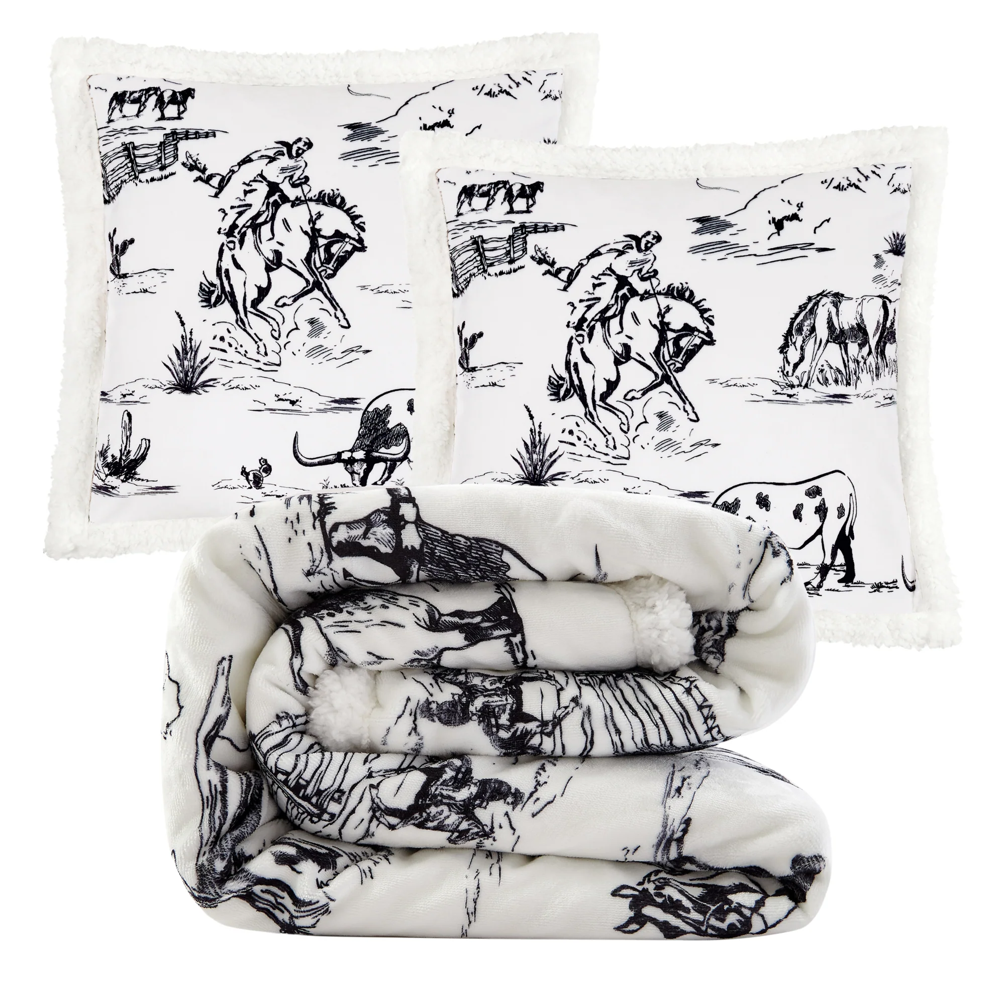 Recyclable Ranch Life Western Toile Campfire Sherpa Throw Set 3 Pc Original Design
