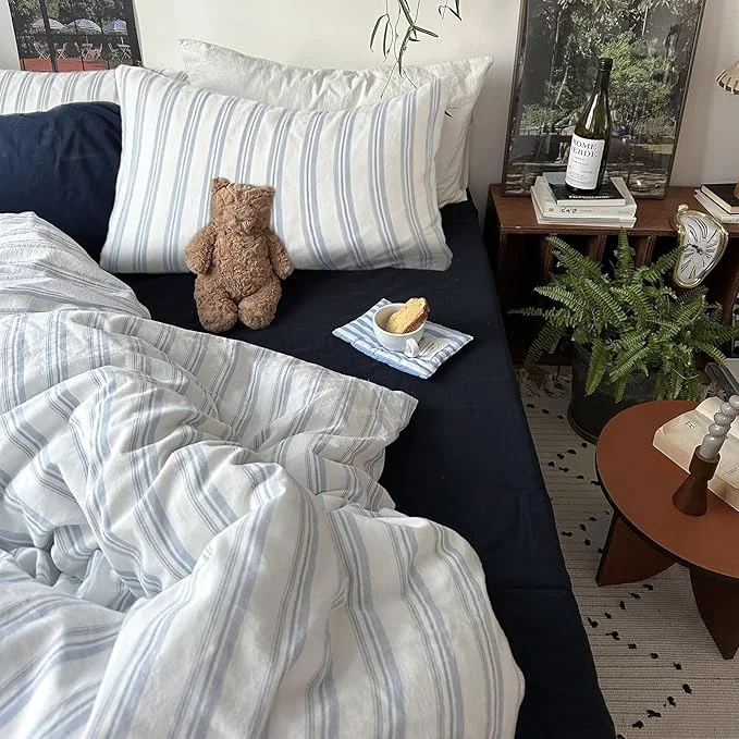 Eco-Friendly mixinni Vintage Light Blue amp White Striped Comforter Set Queen Size – Soft Washed Cotton 3-Piece Bedding Set 1 Comforter 2 Pillowcases Retro Geometric Pattern All-Season Breathable amp Fluffy Crafted