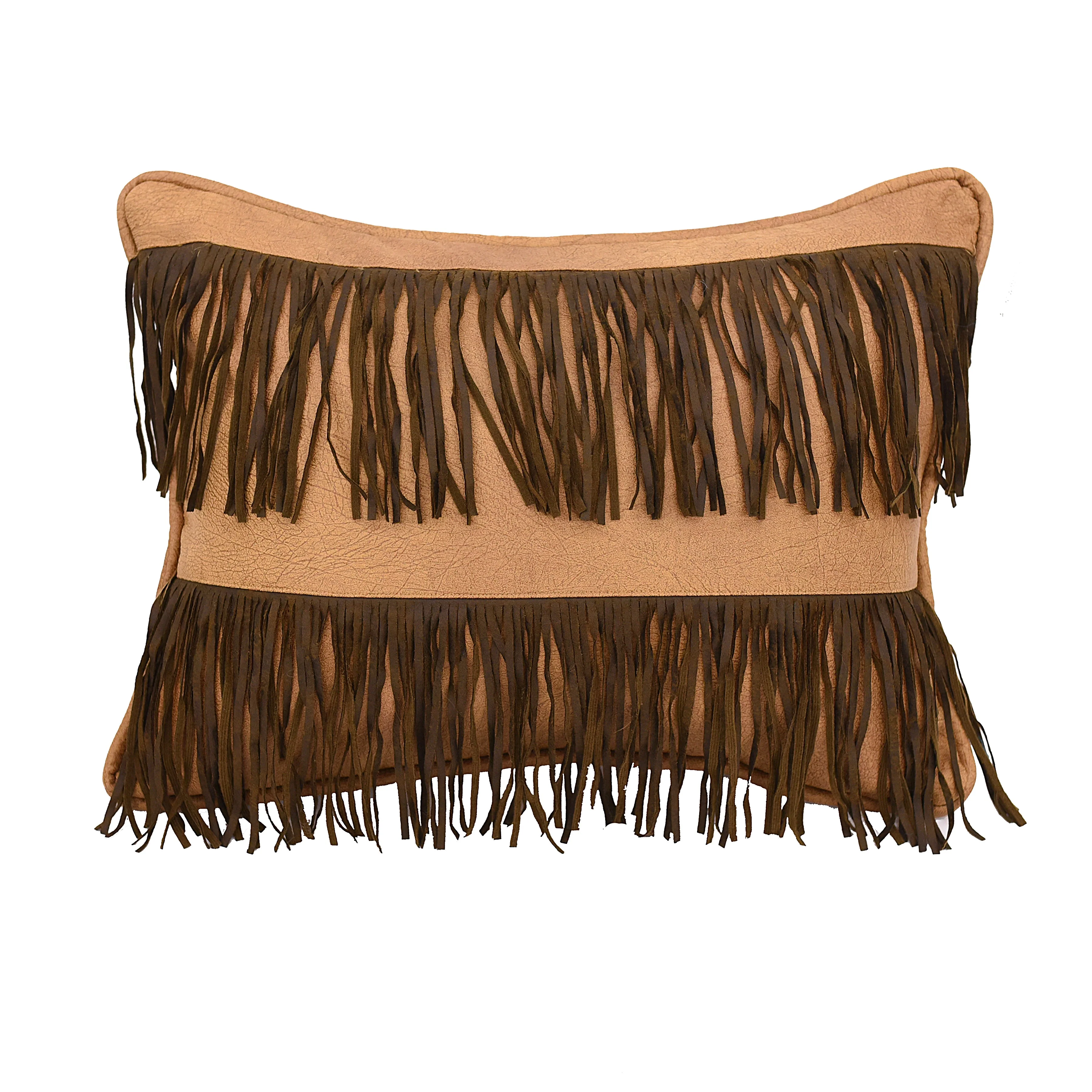 Original Double Row Fringe Tan Faux Leather Throw Pillow World-Class