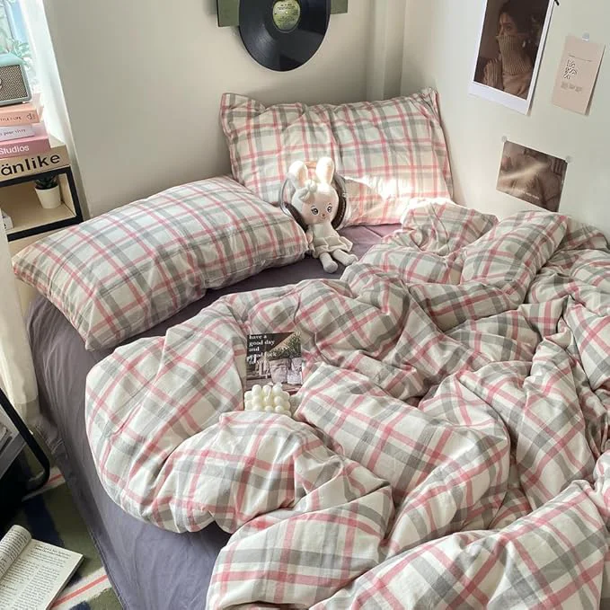 Flexible EAVD Vintage Style Plaid Duvet Cover King Grey Pink Grid Soft Washed Cotton Reversible Bedding Set Farmhouse Grid Checkered Bedding Set with 2 Pillowcases Modern Gingham Duvet Cover with Zipper Effective
