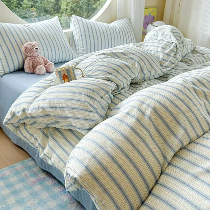 Superior EAVD Vintage Striped Duvet Cover Queen Soft Muslin Cotton Linen Feel Gauze Farmhouse Blue Vertical Striped Pattern Bedding Set for Men Women Reversible Geometric Duvet Cover with Zipper Closure High-Quality