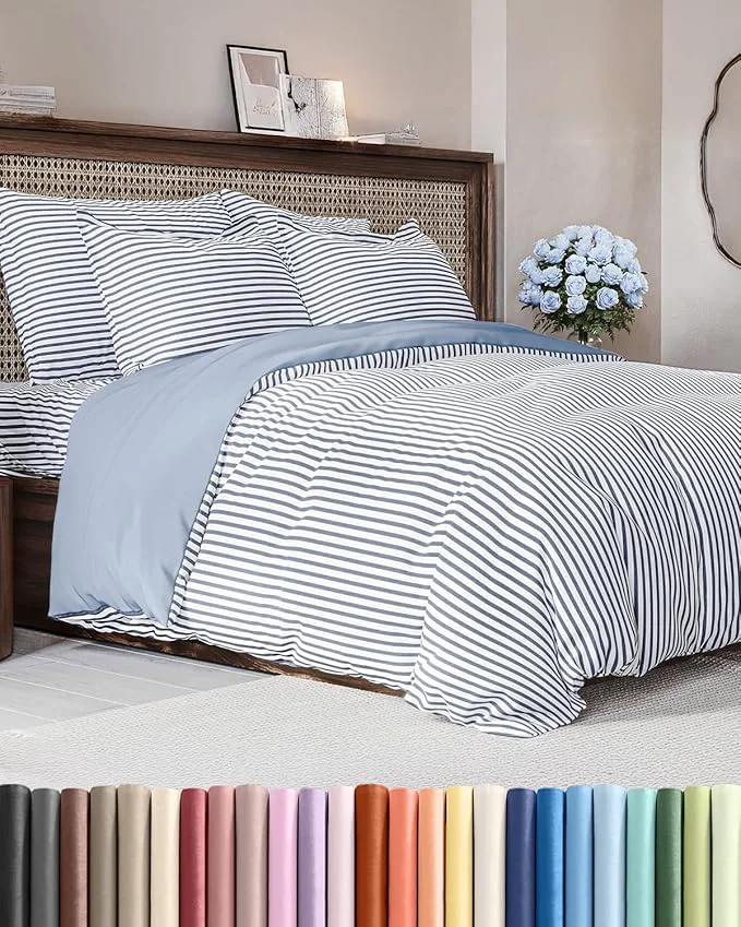 Detailed Duvet Cover Full Size Set – Extra Soft Full Duvet Cover 80 quot x 90 quot with 2 Pillow Shams – Hotel Luxury Easy Care amp Fade with Zipper Closures amp Ties – All Season Comfy amp Breathable Blue Stripes Minimalist