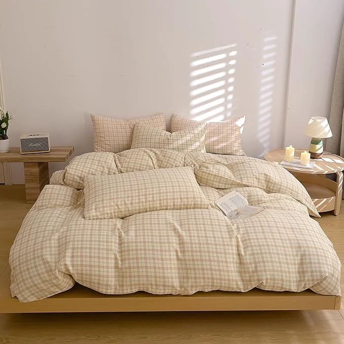 Comfortable EAVD Vintage Style Brown amp Green Grid Plaid Duvet Cover Twin Soft Washed Cotton Chic Checkered Gingham Bedding Set with 2 Pillowcases Farmhouse Gingham Duvet Cover with Zipper Closure Pure