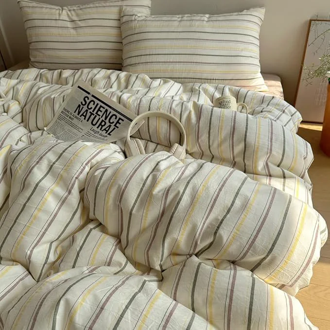 Easy-to-Use EAVD Retro Striped Duvet Cover Set Twin Size Cotton Chic Stripes Printed Bedding Set with 2 Pillowcases Vintage Geometric Pattern Duvet Cover with Zipper Closure Yellow amp Green amp Brown Twin Eco-Friendly