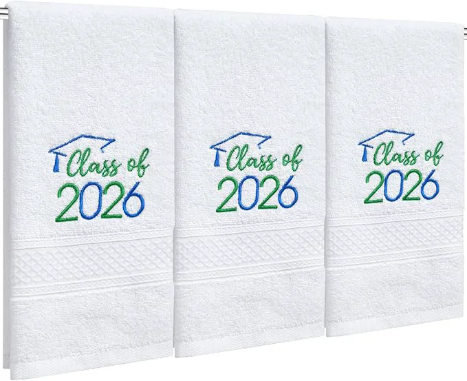 Green MASHAN Class of 2026 Graduation Hand Towels 3 Pack Cotton Soft Absorbent Fine Crafted