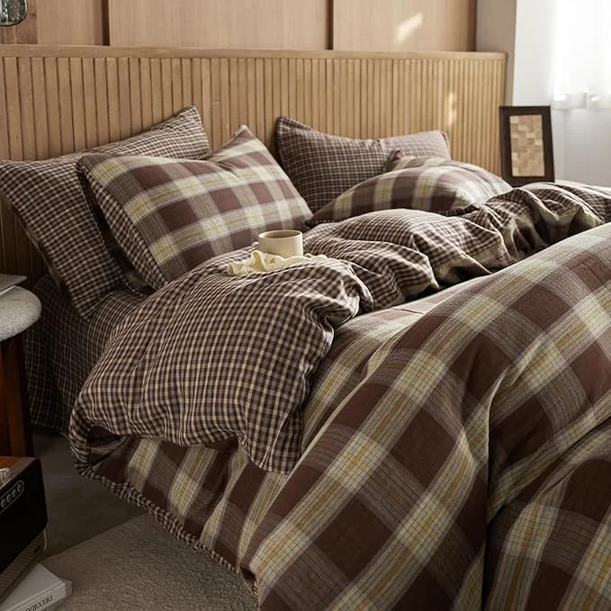 Premium Material EAVD Vintage Yellow amp Brown Plaid Duvet Cover Queen Soft Muslin Cotton Retro Grid Checkered Plaid Bedding Set with 2 Pillowcases Farmhouse Reversible Gingham Duvet Cover with Zipper Closure Effective