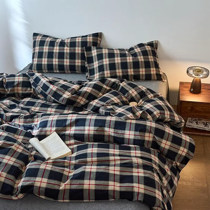 Solid EAVD Vintage Style Black Buffalo Plaid Duvet Cover King Soft Washed Cotton Red amp Green Grid Checkered Bedding Set with 2 Pillowcases Retro Farmhouse Geometric Grid Duvet Cover with Zipper Durable