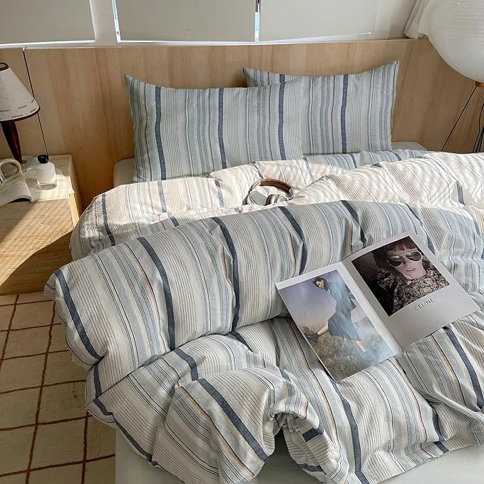 EAVD Modern Style Striped Duvet Cover Full Washed Cotton Colorful Wide and Pinstriped Bedding Duvet Cover Set with 2 Pillowcases Farmhouse Geometric Bedding Set with Zipper for All-Season High-Grade