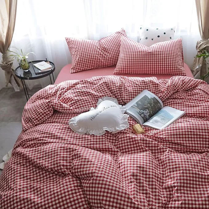 Reusable mixinni Red Gingham Comforter Set King Plaid Comforter Set 3 Pieces 1 Red Grid Comfoter with 2 Pillow Cases for All Seasons Soft Fluffy Modern Grid Pattern Printed Bedding-King Size Prestigious
