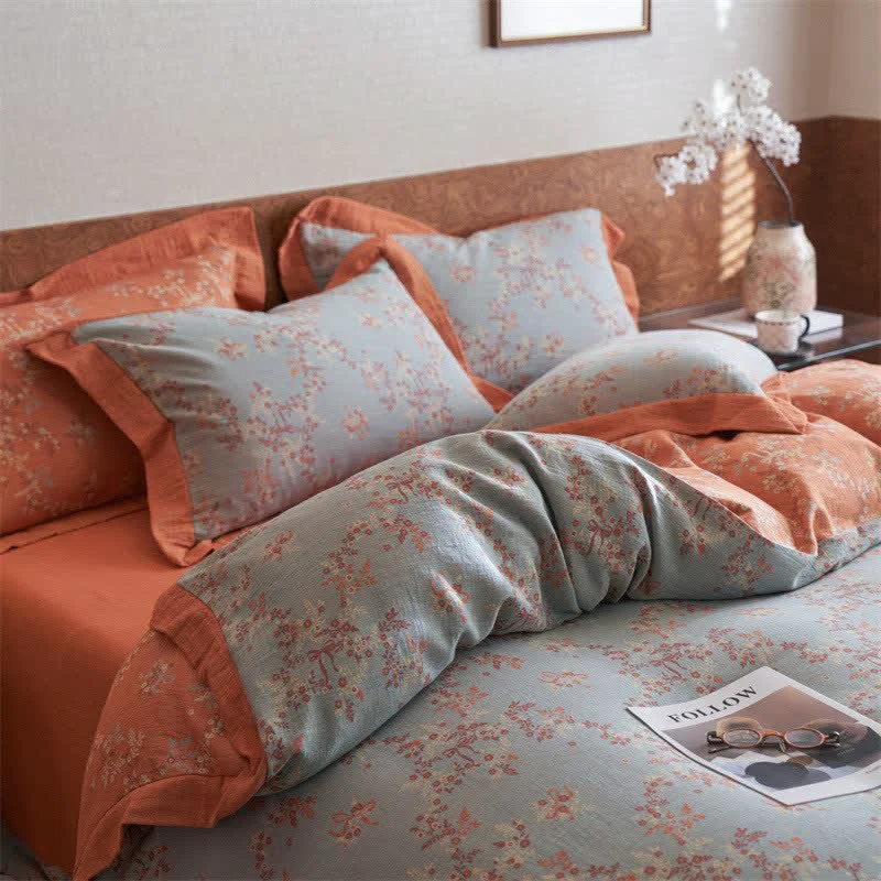 Advanced Ownkoti Floral amp Bow Cotton Double Gauze Bedding Set 4PCS Reliable