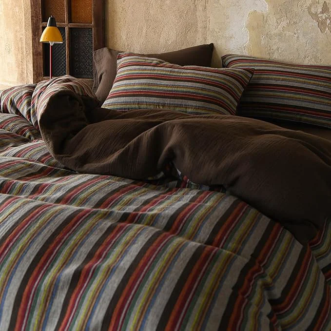 Superior EAVD Retro Striped Duvet Cover Set Queen Soft Cotton Muslin Bohemian Colorful Vertical Striped Bedding Set with 2 Pillowcases Rustic Farmhouse Style Geometric Pattern Duvet Cover with Zipper World-Class